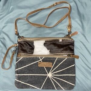 Myra Leather, Canvas 11"x10" Crossbody Bag~Zip Pkt